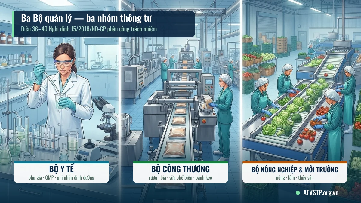 Thông tư hướng dẫn an toàn thực phẩm theo ba Bộ quản lý Ba Bộ quản lý an toàn thực phẩm và nhóm thông tư hướng dẫn tương ứng theo Nghị định 15/2018