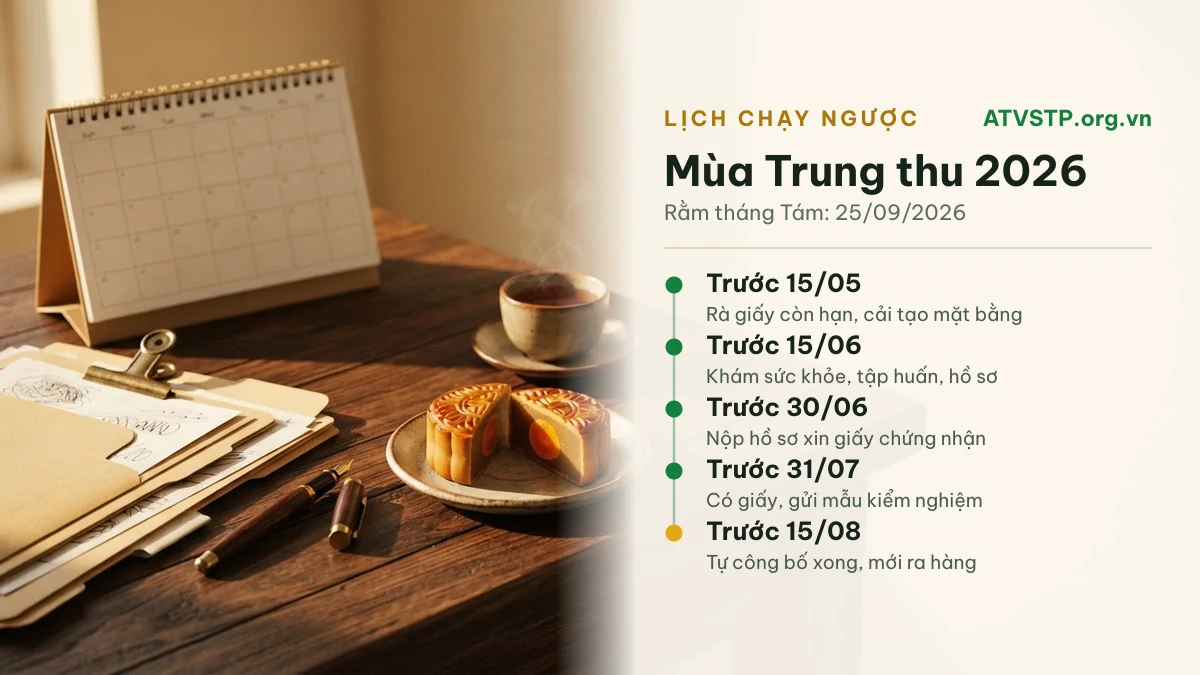 Lịch chạy ngược chuẩn bị hồ sơ giấy chứng nhận an toàn thực phẩm mùa bánh trung thu 2026