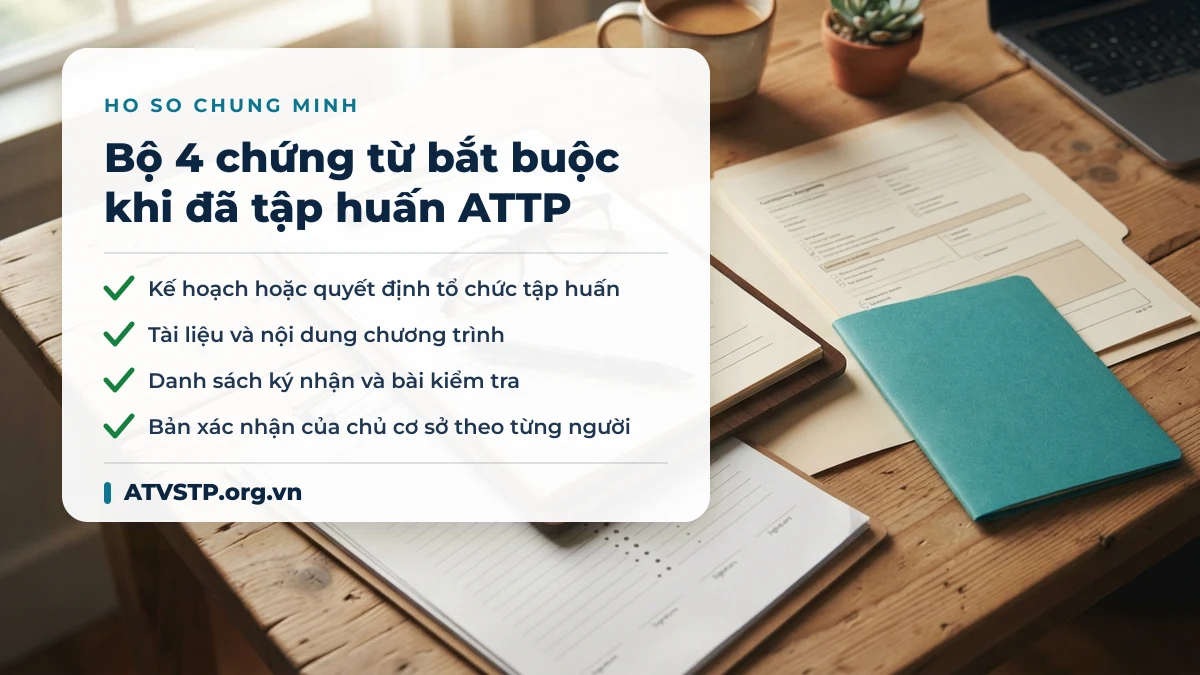 Bộ hồ sơ chứng minh đã tập huấn kiến thức an toàn thực phẩm gồm 4 chứng từ