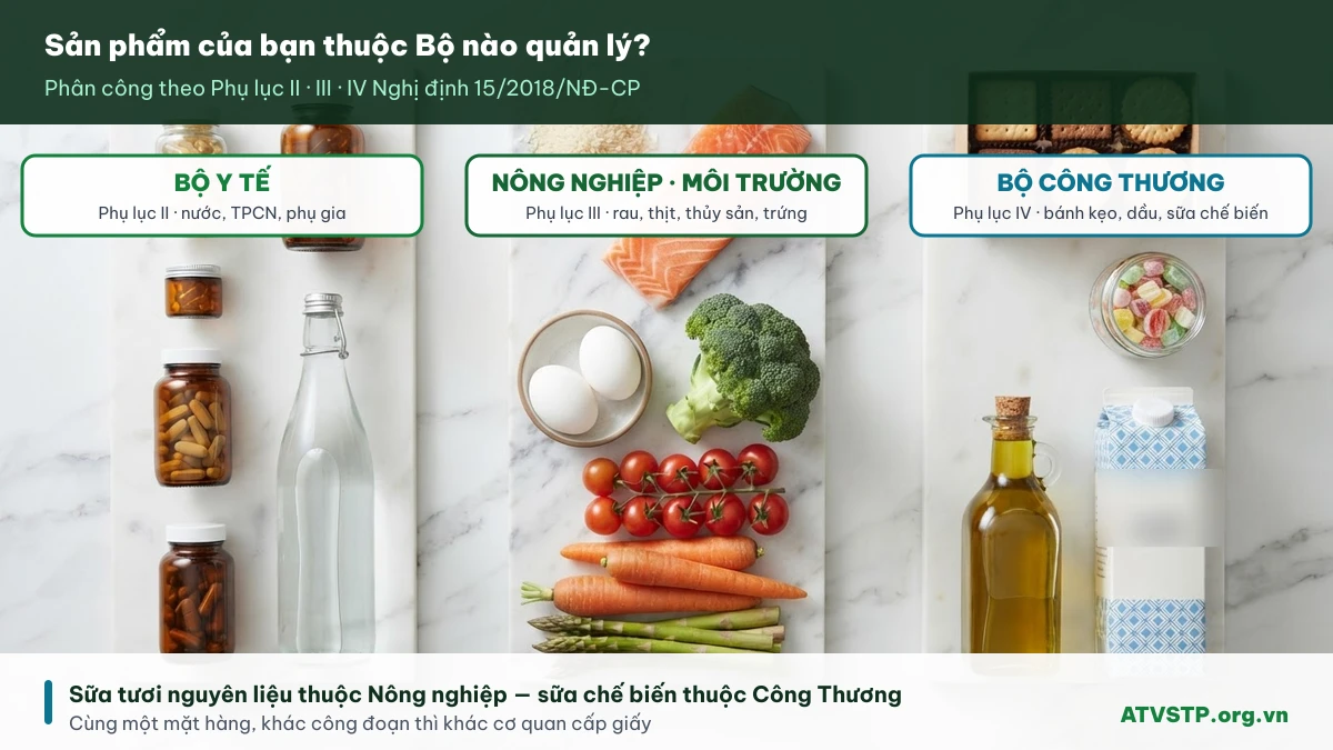 Phân định nhóm sản phẩm theo ba ngành quản lý an toàn thực phẩm Phân định ba nhóm sản phẩm thực phẩm theo Bộ Y tế, Bộ Nông nghiệp và Môi trường, Bộ Công Thương