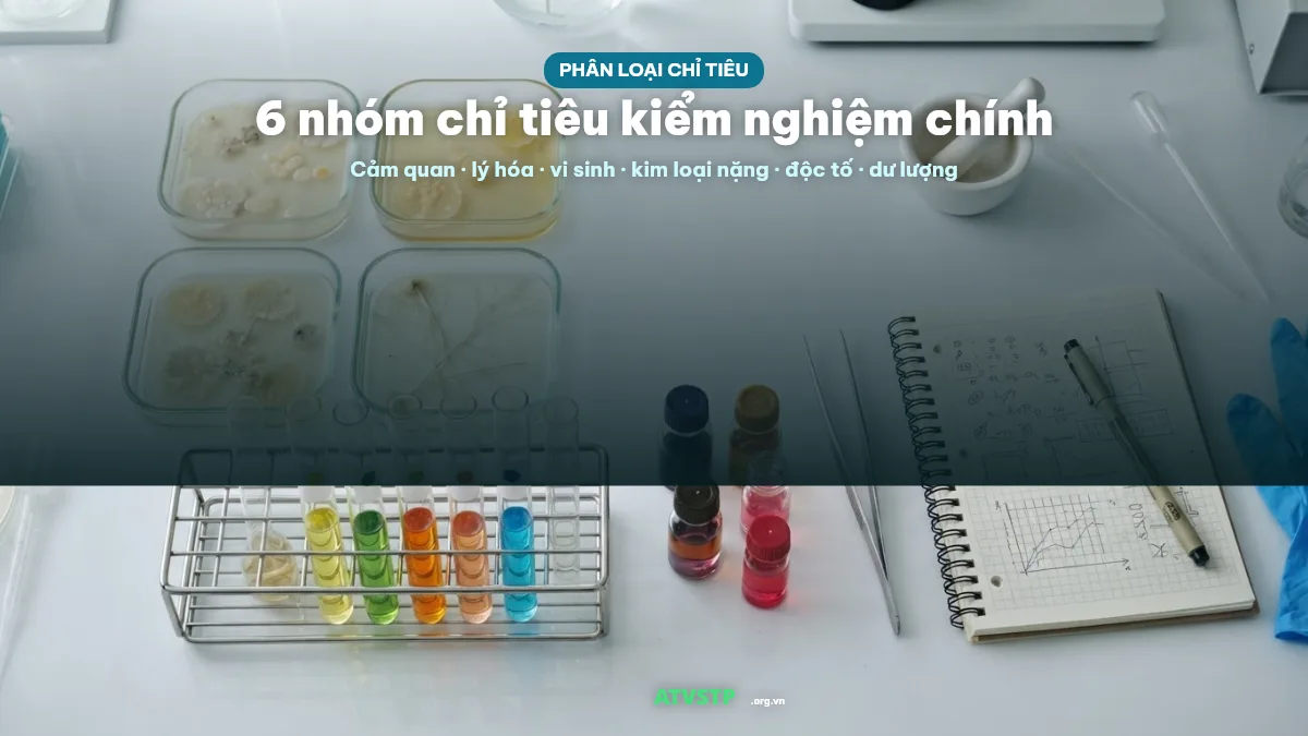 6 nhóm chỉ tiêu kiểm nghiệm thực phẩm chính: cảm quan, lý hóa, vi sinh, kim loại nặng, độc tố, dư lượng