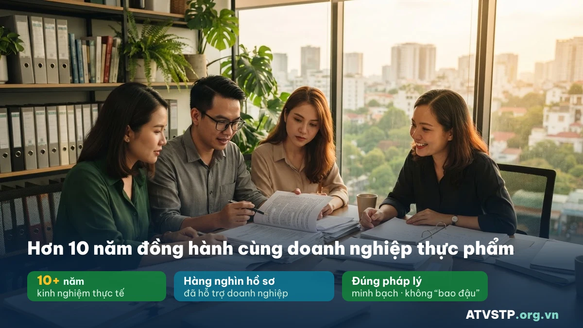 Đội ngũ ATVSTP.org.vn hơn 10 năm kinh nghiệm tư vấn an toàn thực phẩm và công bố sản phẩm