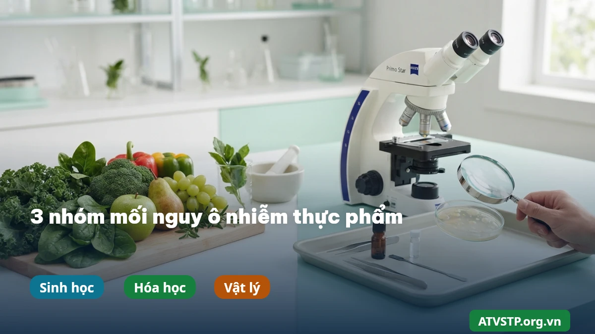 Ba nhóm mối nguy ô nhiễm thực phẩm gồm sinh học, hóa học và vật lý