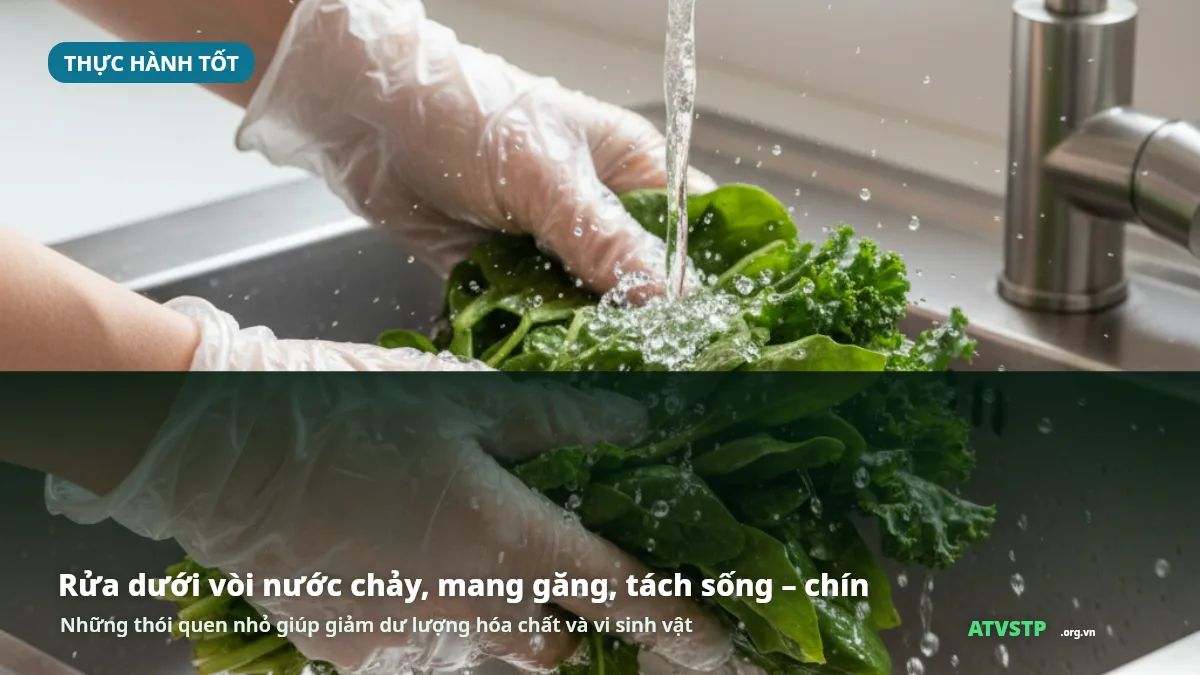Rửa rau dưới vòi nước chảy, mang găng, tách sống chín để bảo đảm an toàn vệ sinh thực phẩm