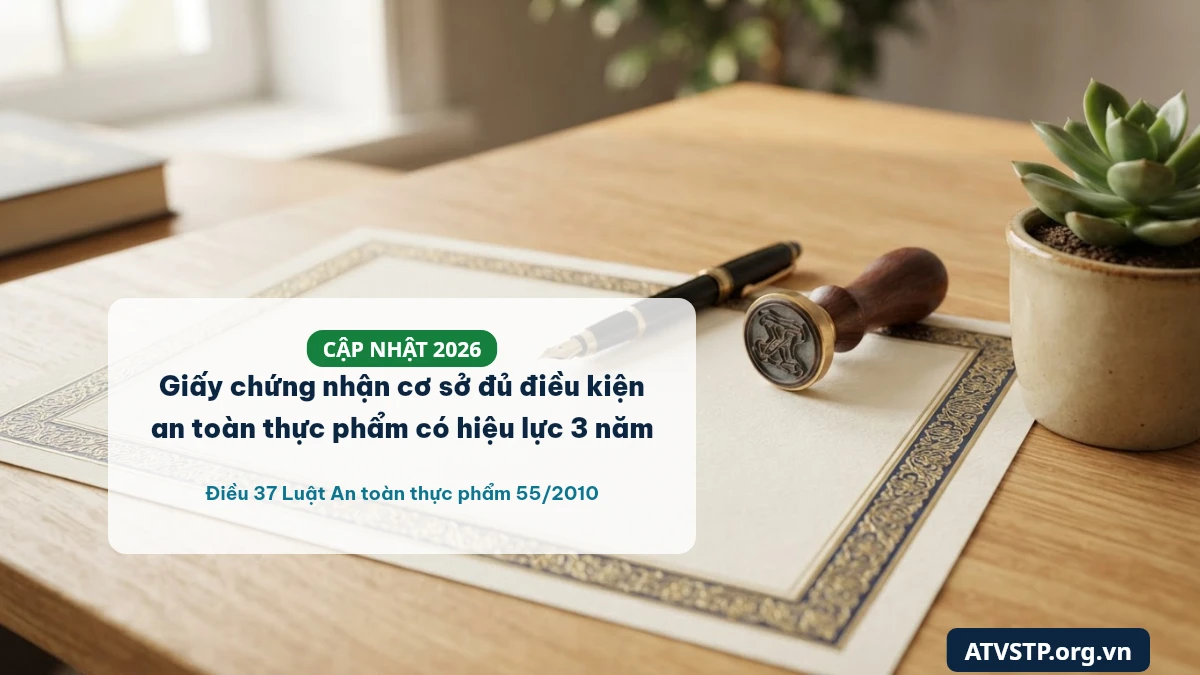 Thời hạn giấy chứng nhận cơ sở đủ điều kiện an toàn thực phẩm là 3 năm