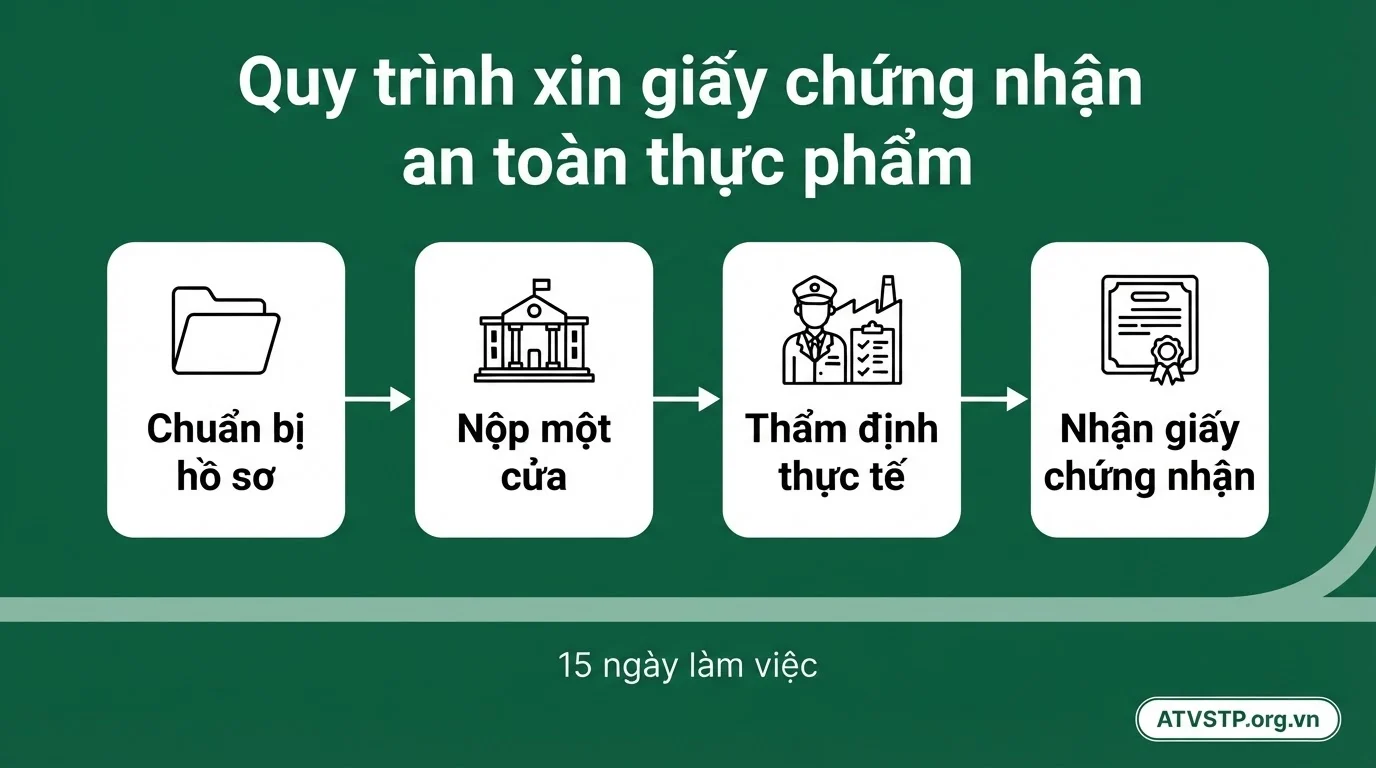 Quy trình 4 bước xin giấy chứng nhận cơ sở đủ điều kiện an toàn thực phẩm: chuẩn bị hồ sơ, nộp một cửa, thẩm định thực tế, nhận giấy chứng nhận trong 15 ngày làm việc